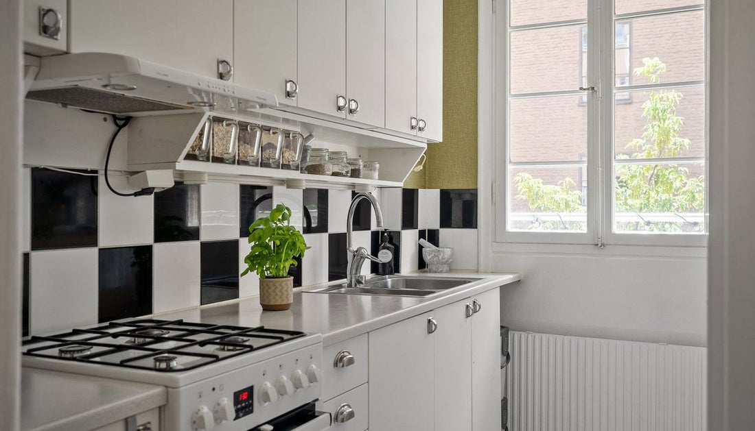 Small bright kitchen with a sink, compact countertop, and gas stove along one wall.