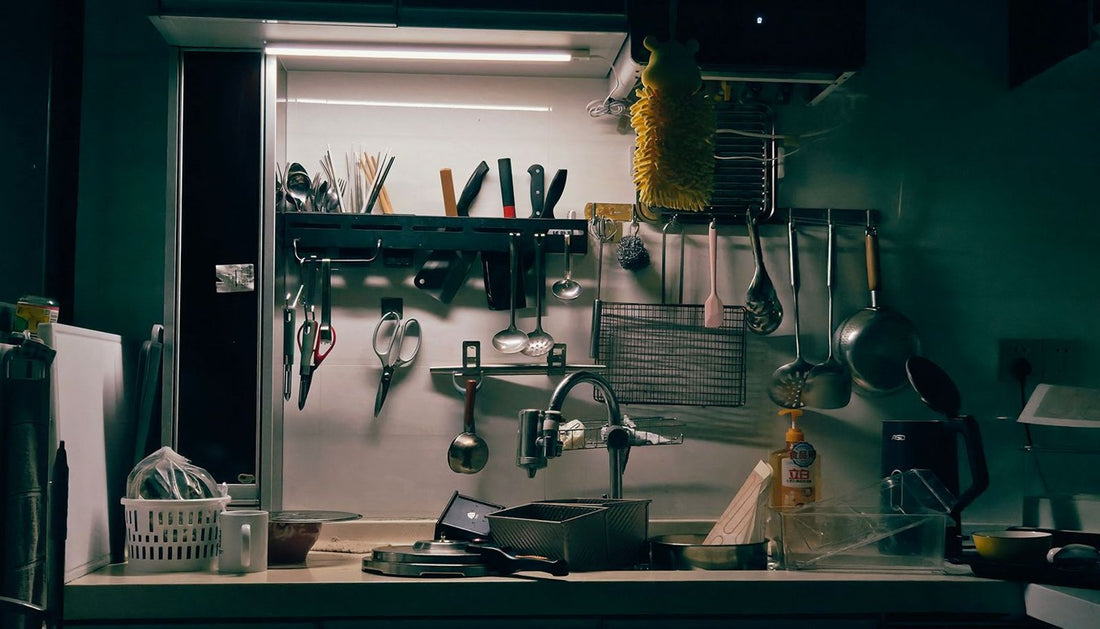 A small kitchen with utensils, knives and pans hanging on a rail above the counter.