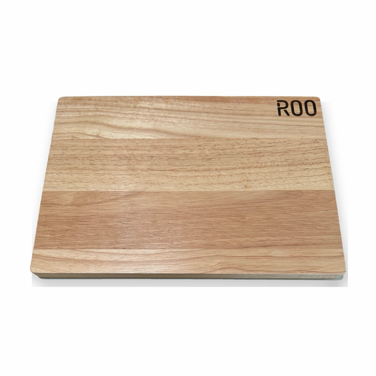 ROO rubberwood cutting board on a white background.