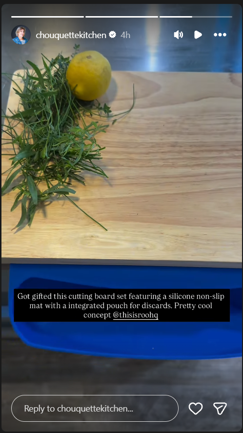 Instagram story from chouquettekitchen showing herbs and a lemon on a cutting board over the blue ROO mat